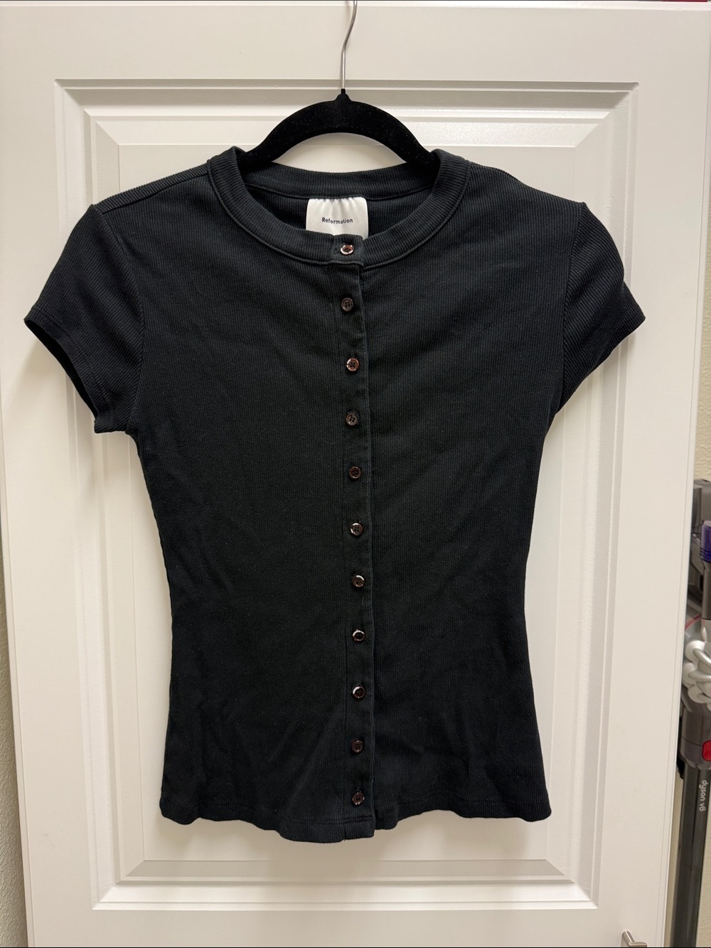 Reformation Black Short-Sleeve Button-Front Ribbed Top